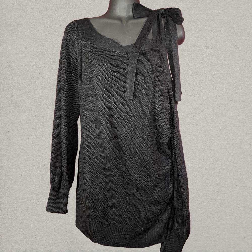 NY&C Black Knit Sweater Cold Shoulder with Shoulder Bow – Size Large
